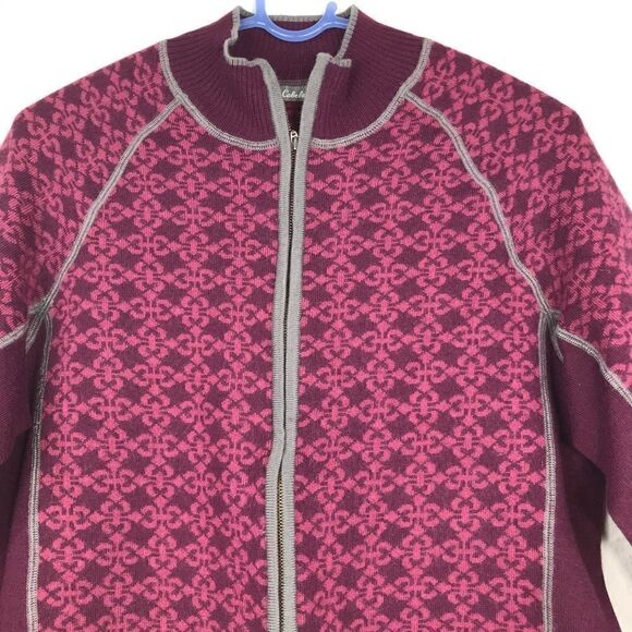 Cabela’s Burgundy Pattern Merino Wool Nordic Zip Cardigan - Picture 4 of 13